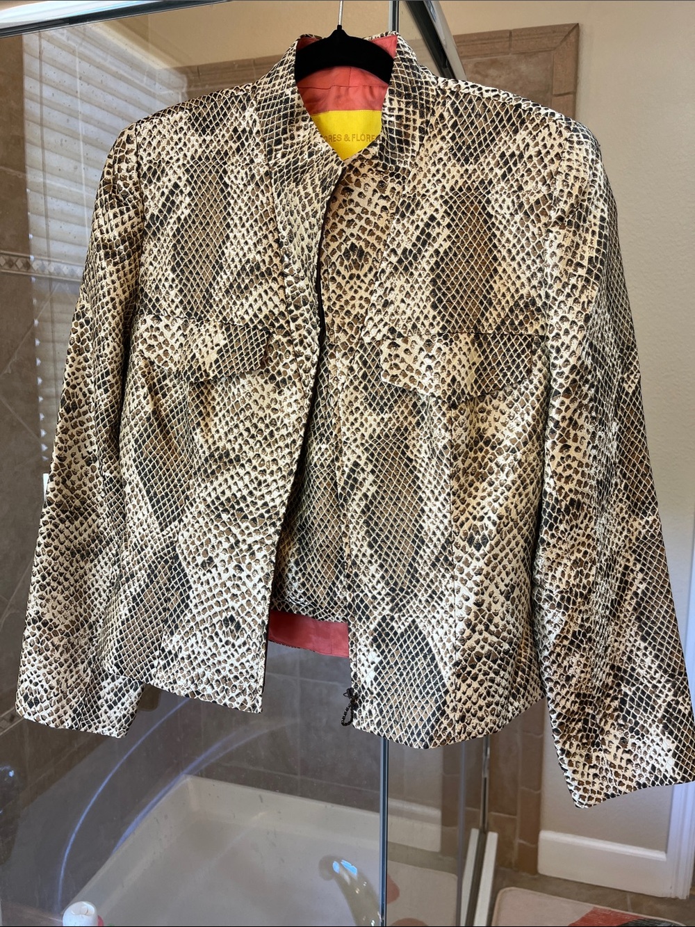 Women's Snake-Print Leather Jacket in Neutral Tones with camisole